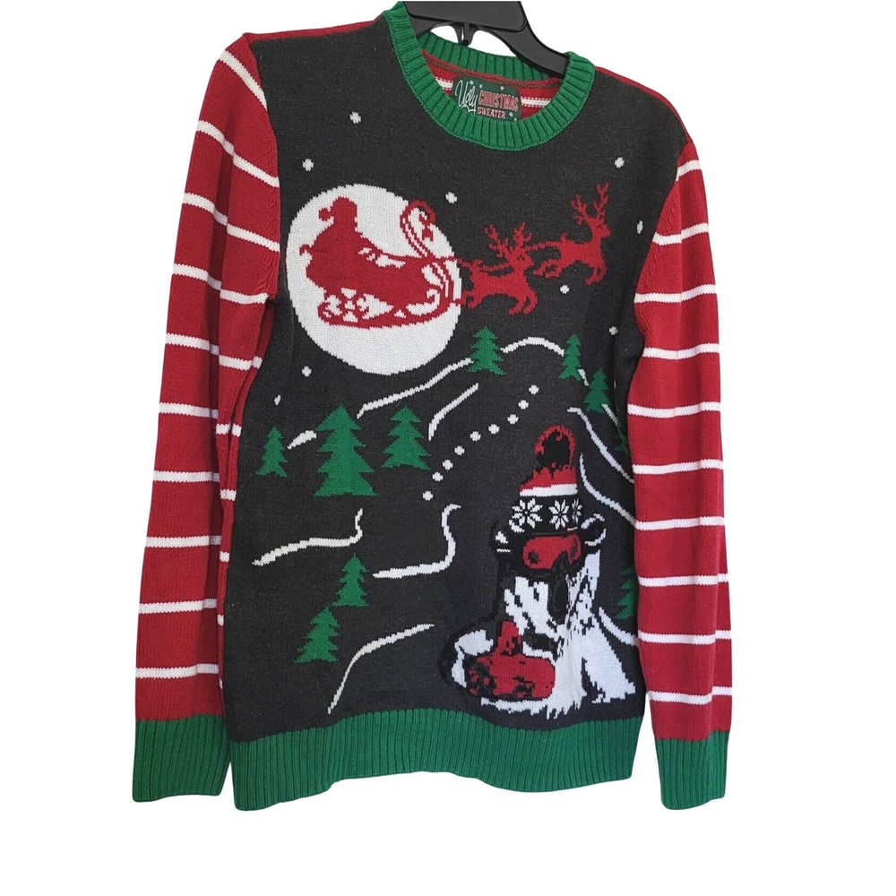 Ugly Christmas Sweater Men's‎ Pullover Red Green Black Striped Santa Bear Small